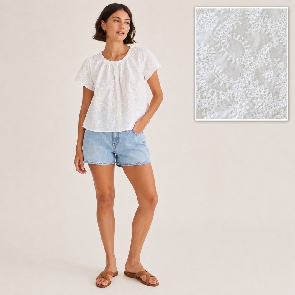 Splendid Collection White Embroidered Cotton Blouse M Coastal  Cottagecore